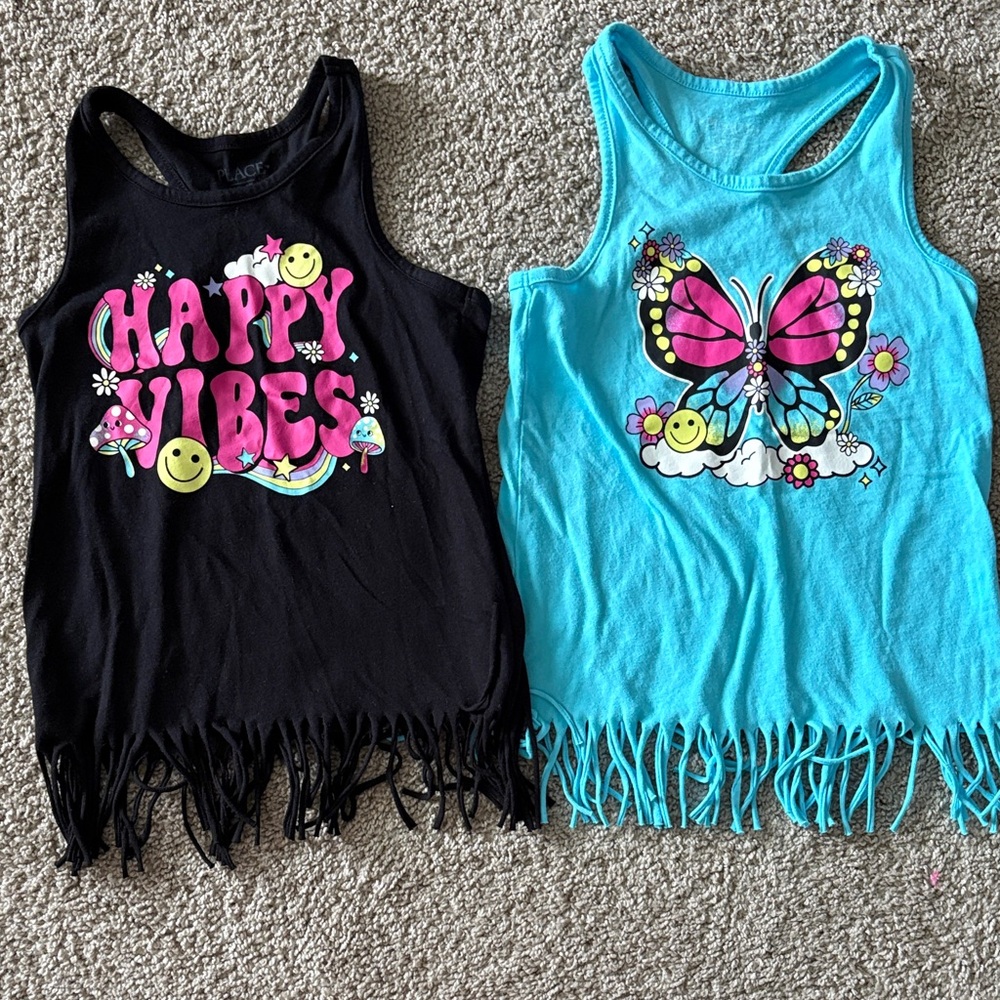 Happy Vibes and Butterfly Fringe Tank Tops for Girls Size 5/6